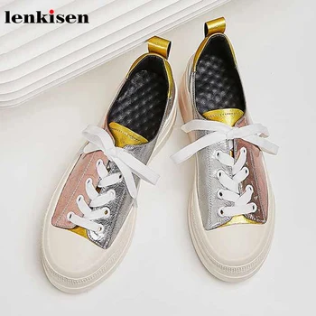 

Lenkisen new preppy style mixed colors thick bottom shoes genuine leather round toe high heels autumn women vulcanized shoes L71