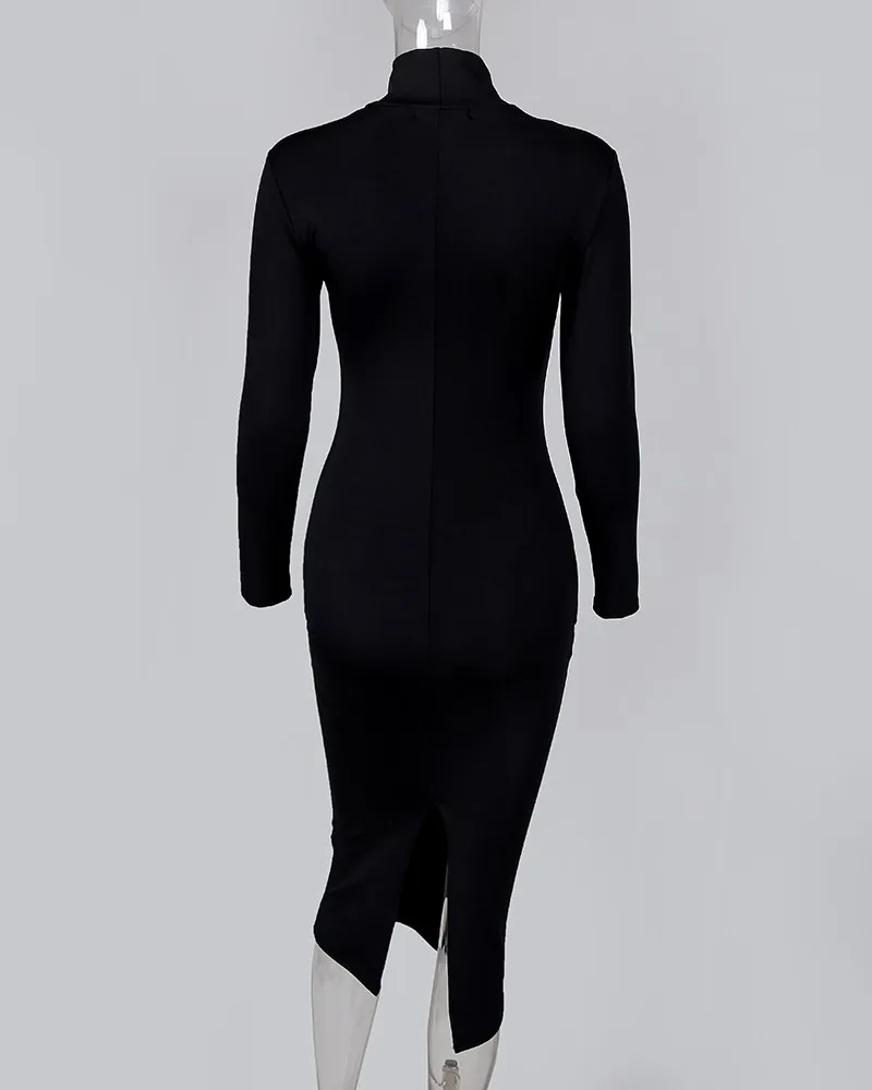Облегающее платье миди с высоким воротником и длинными рукавами(без пояса