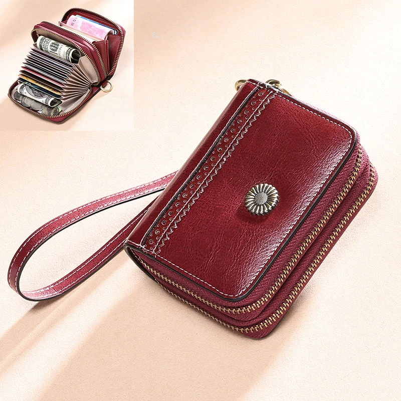 Cartera de cuero genuino con muñequera antirrobo monedero cremallera RFID, tarjetero femenino, corto de diseñador|Carteras| - AliExpress