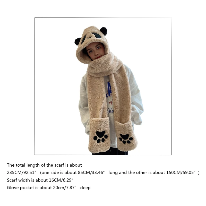 Cute Panda Hat Scarf Gloves 3-piece Set Plush Fluffy Cartoon Hat Women Winter Animal Paws Windproof Hoodie Cap Scarf Mitten 6