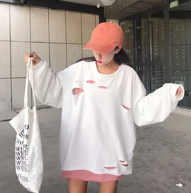 Модный свитер, топ Femme, Осенний корейский Ulzzang Harajuku, с дырками, поддельный, 2 предмета, пуловер с длинными рукавами, толстовки, женские