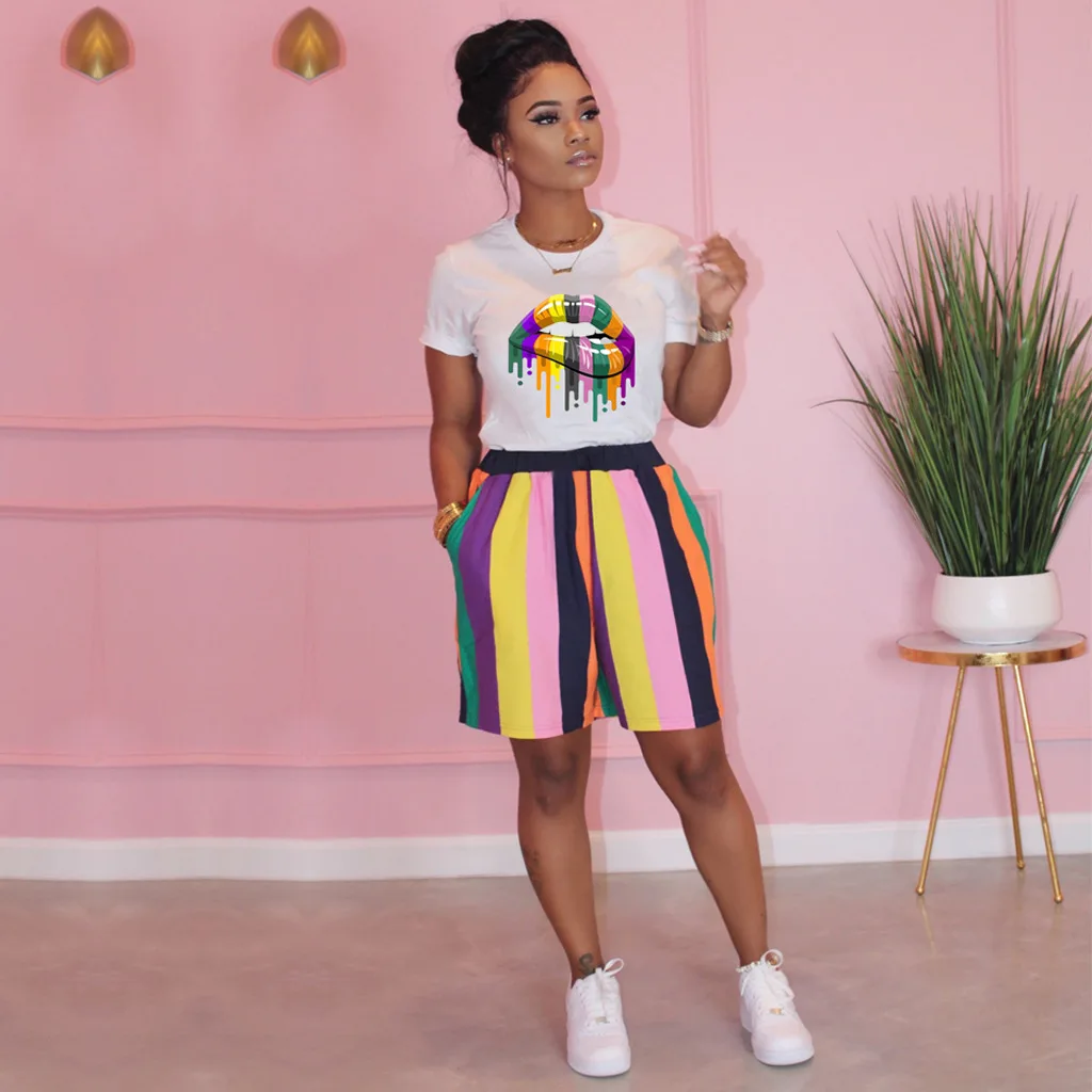 

Multi Printed Mouth Stripe Women Leisure Suit O-neck T-shirt and Colorful Short Pants Fashion Sport Suit Sweet Girl Tracksuit