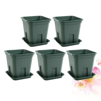 

5 Sets of Plastic Flowerpots Sqaure Rose Planter Succulent Plant Nursery Pot for Garden (5PCS Pots and 5pcs Tray)