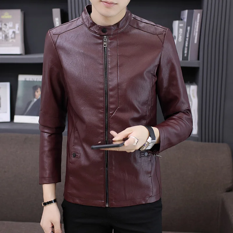 

Spring And Autumn Men's PU Leather Men's Thin Korean-style Casual MEN'S Outerwear Stand Collar Slim Fit Leather Jacket Trend You
