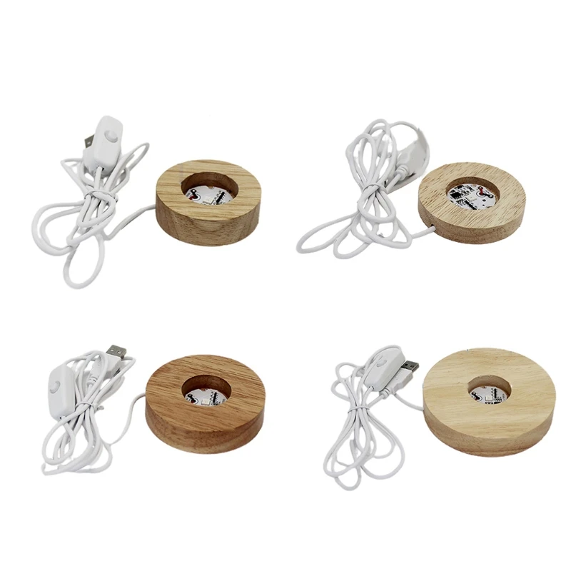 Wood Material LED Night Lamp Bases Crystal Craft Glass Round Shape Luminous Bases Natural Wood Processing 4 Sizes Choose