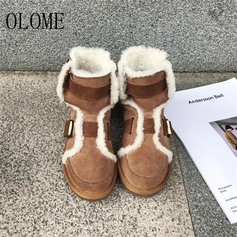 OLOME; Новинка; модные черные женские ботильоны с круглым носком и пряжкой на ремешке; женские зимние теплые ботинки на плоской подошве