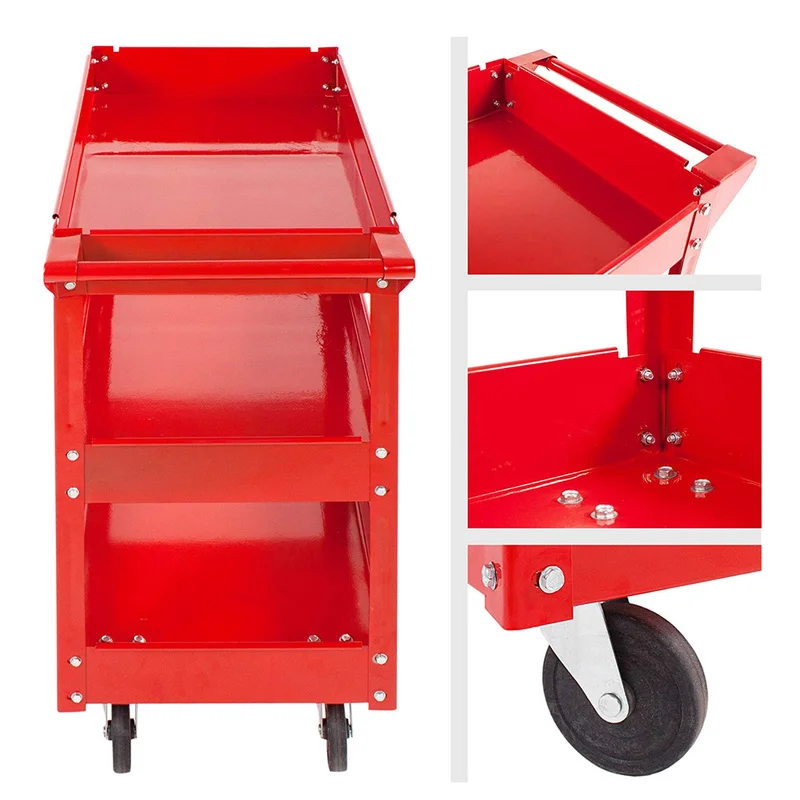 Arebos 3-Compartment Service Trolley | Workshop & Tool Cart | Wheeled Transport & Storage | Multifunctional Shelf | All-Purpose Trolley | Red/Black - View #12