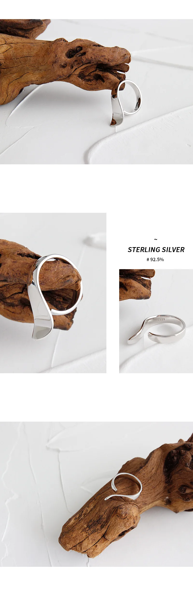 Korean version S925 sterling silver ring INS minimalist glossy silk ribbon ring personality silver ring