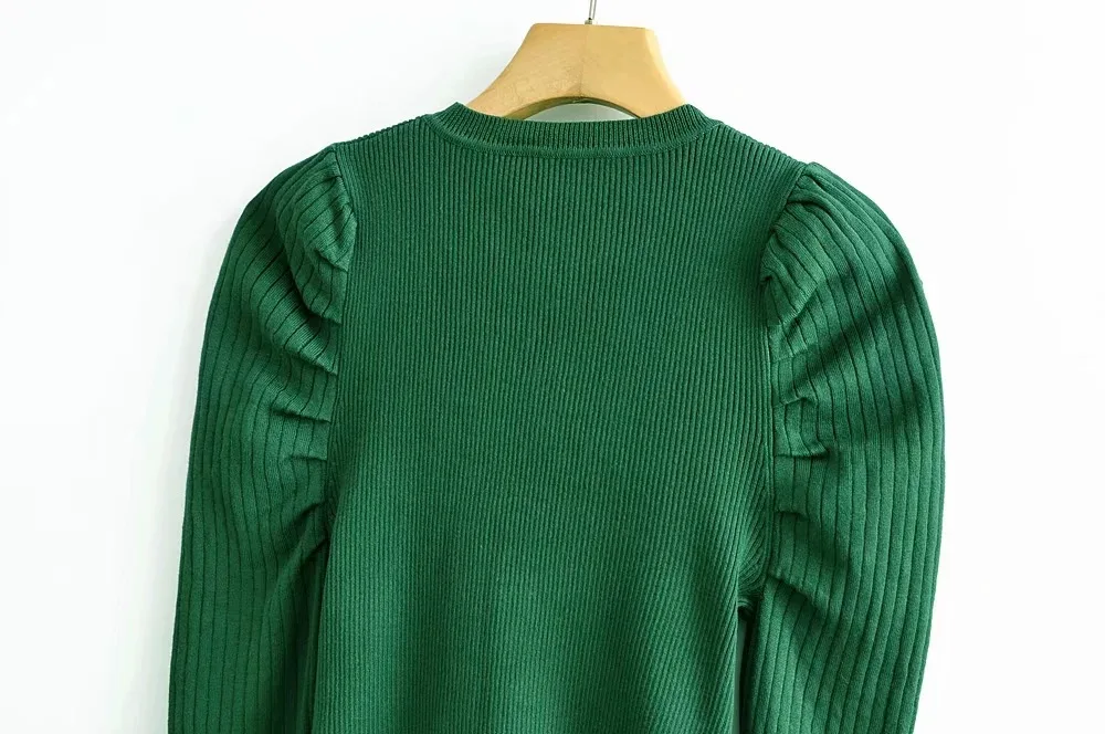 Женщины Slim Fit Crop трикотажные с длинным слоеным рукавом свитер рубашка в зеленом