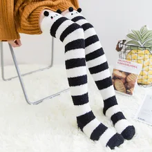 

Soft Coral Fleece Knee Socks Winter Warm Women Cute Kawaii Cartoon Animal Stockings Striped Cozy Long Thigh High Socks Christmas