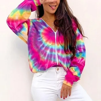 

Plus Size Women's Fashion Printed Hooded Casual Zipper Long Sleeve Coat Sport Loose-Fitting Tie-Dye Top Coat women Overcoat
