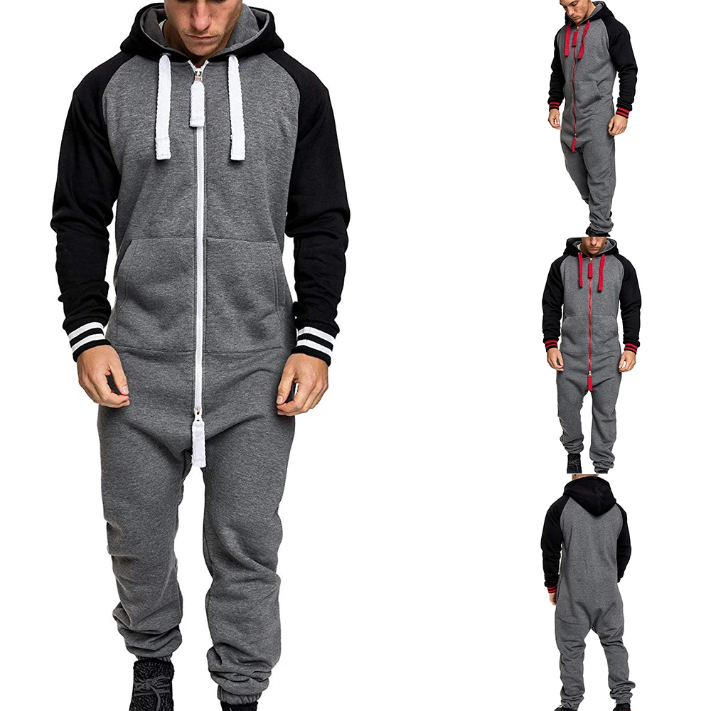 

Men 1PC Casual Jumpsuit Tracksuit Winter Warm Sets Splicing Mens Overalls Hooded Sweatshirts Zipper Patchwork Hoodies Playsuit
