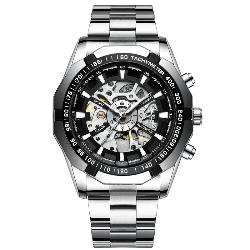 

Brand Design Men Sports Watch Stainless Steel Casual Wristwatch Skeleton Automatic Mechanical Male erkek kol saati