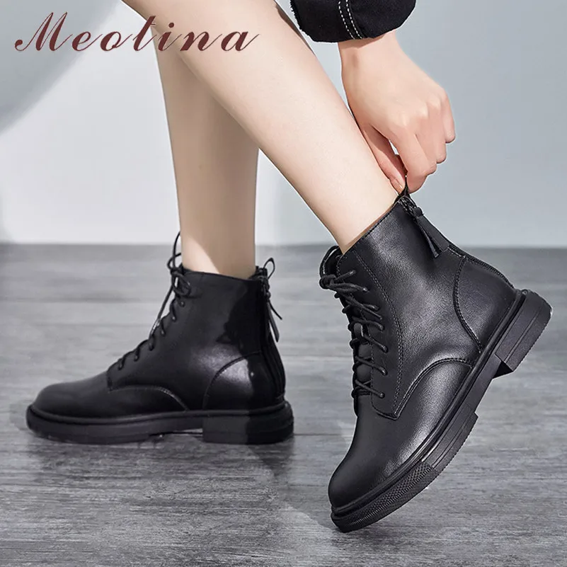 

Meotina Winter Ankle Boots Women Boots Natural Genuine Leather Flat Short Boots Zipper Round Toe Shoes Ladies New Black Size 39