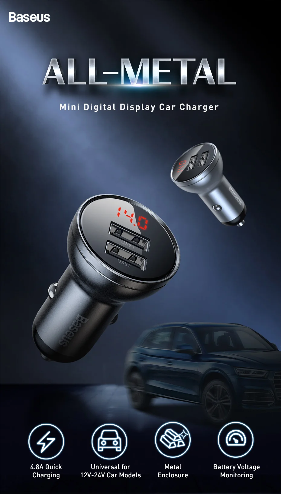 65w charger phone Baseus 24W Dual USB Car Charger Phone Charging With All Metal Digital Display 4.8A Car Cigarette Lighter for iPhone Fast Charger airpods usb c