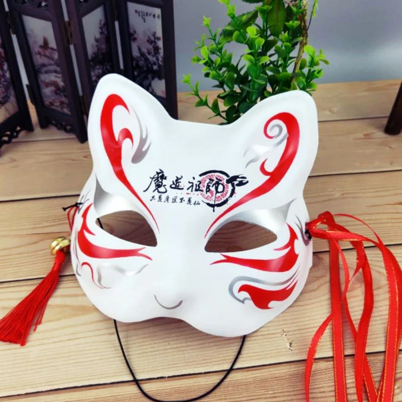 ПВХ лисица маска японский демон китсун Хэллоуин Косплей Полный Лицо Маска ручная роспись маскарадный мяч маска с кистями и колокольчиками