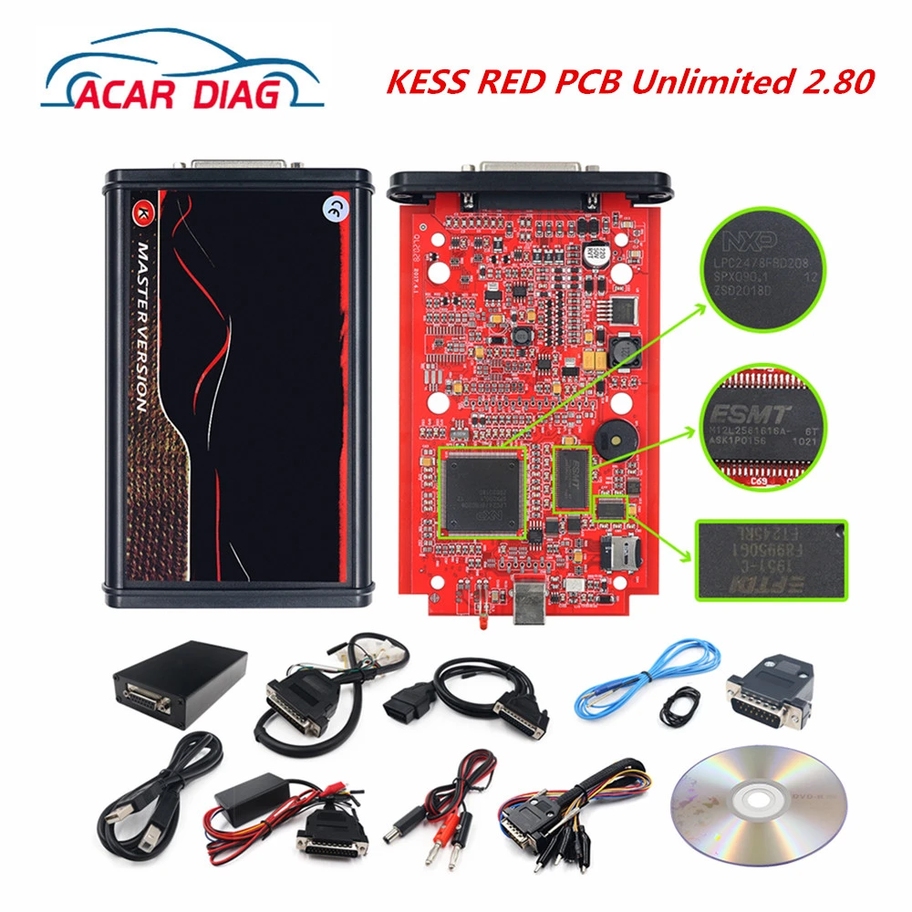 Unlimited 2.80 Master KESS 5.017 OBD2 Tuning Tool ECU Programmer BDM Adapter Kess V5.017 RED PCB V2.80 EU Red Kess Master portable car battery charger