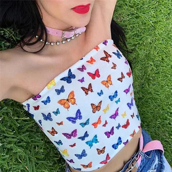 

Women Sexy Strapless Tube Top Women Summer Front Print Butterfly Bandeau Tube Top Cropped Tops Fashion 2019