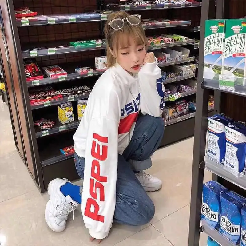 Толстовка на молнии размера плюс женская Kpop одежда осень Ulzzang уличный стиль Pepsi Графический Укороченный свитшот Schoolgill Топы