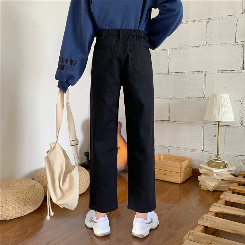 Женские джинсы с высокой талией, деним, BF, прямые, корейский стиль, женские брюки, подходят ко всему, шикарная уличная одежда, Свободная Женская одежда унисекс