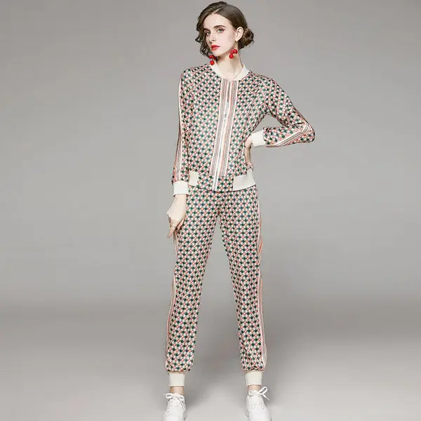 

Women's suit fashion temperament versatile thin positioning printed jacket baseball suit women's autumn new two piece set