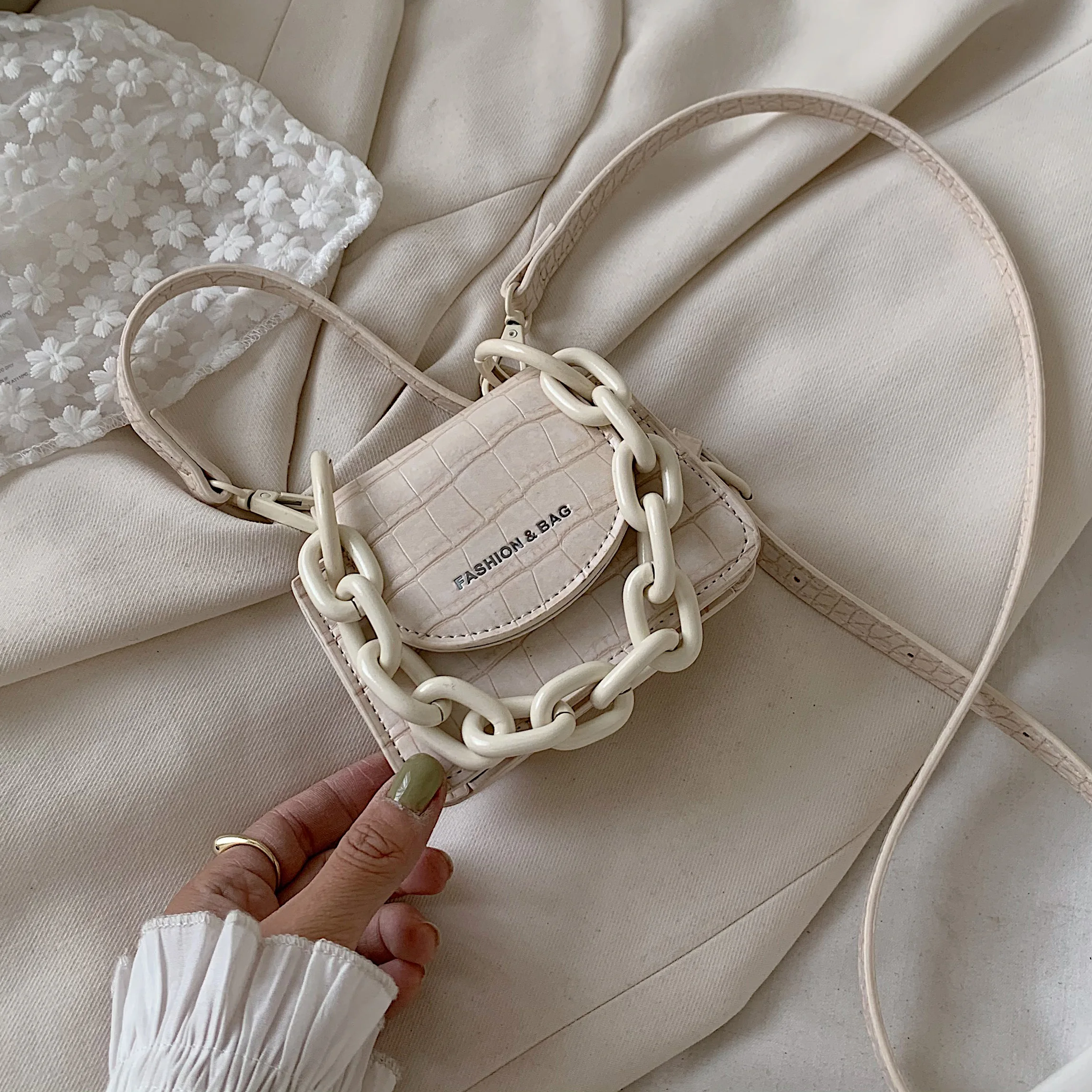 

Thick Chain Stone Pattern Mini PU Leather Crossbody Bags For Women 2020 Solid Color Shoulder Handbags Female Flap Bag