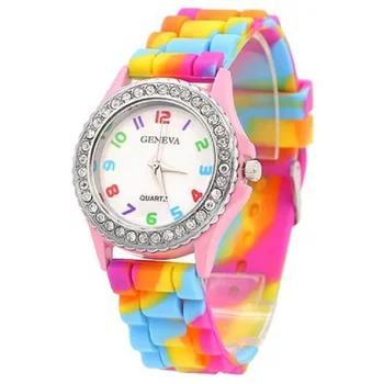 

Watch Women Geneva Fashion Creative Colorful Rainbow Silicone Crystal Bling Analog Hour Quartz Wrist Watches horloge dames Clock
