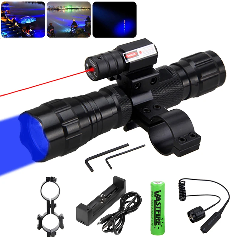 

Tactical 1 Mode Q5 LED WF-501B Blue Hunting Flashlight Torch Weapon Gun Light+Remote Switch+Rifle Scope Mount+18650+USB Charger