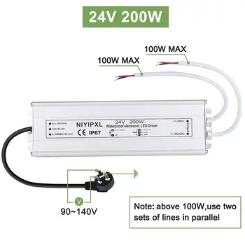 

LED Driver 200 Watts 24V DC Low Voltage Transformer， Waterproof IP67 LED Power Supply, Adapter with 3-Prong Plug 3.3 Feet Cable