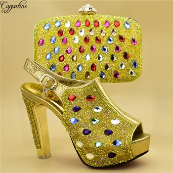 

High class wedding/party gold sets shoes and bag set with colourful stones 988-3, heel height 12cm