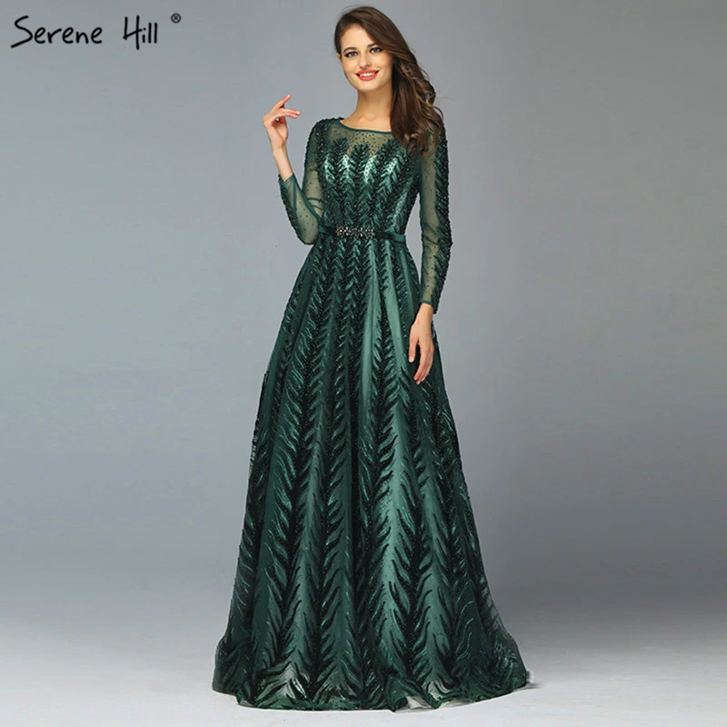 Серен Хилл Дубай дизайн зеленое, с длинным рукавом вечернее платье o-образным вырезом бисером блестками А-силуэта Формальное вечернее платье CLA70040