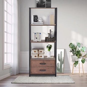 

Home office 4-Tier Bookshelf Simple Industrial Bookcase Standing Shelf Unit Storage Organizer with two drawers