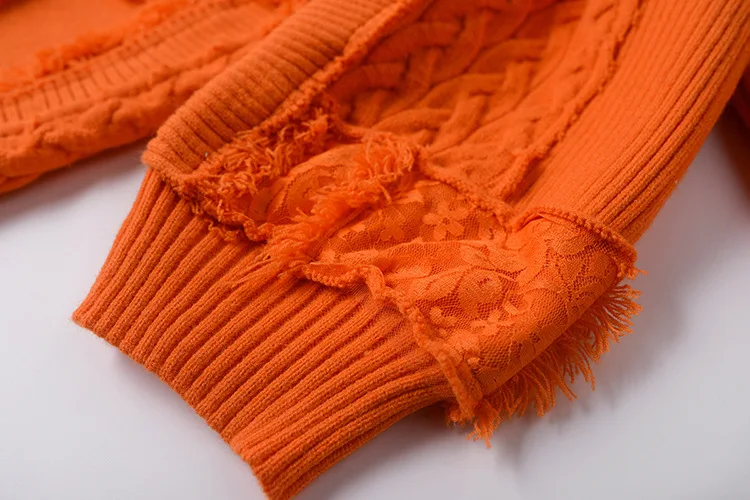 autumn winter woman Loose high collar pullover lazy bright orange hole wearing sweater female knitted sweaters tops
