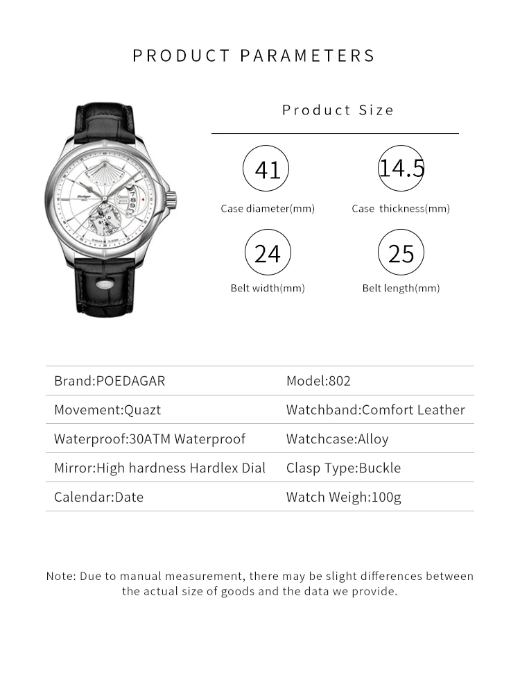 Swiss Brand POEDAGAR Men Watch Fashion Big Dial Sport Men's Wristwatch Top Luxury Waterproof Leather Date Quartz Watches Man Box