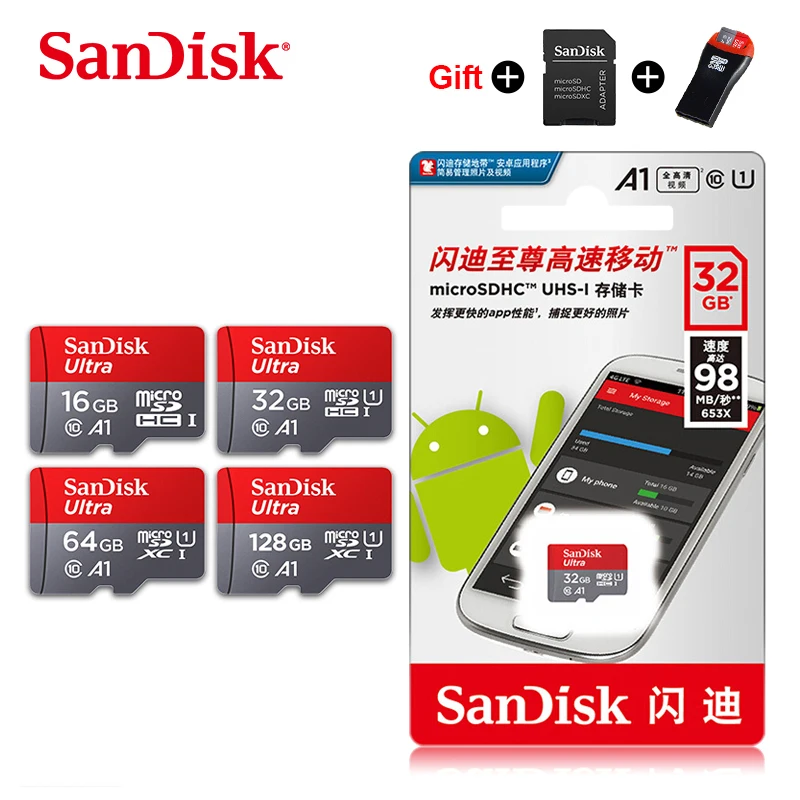 Sandisk Micro SD карта класс 10 TF карта 16 гб 32 гб 64 гб 128 гб карта памяти A1 MicroSDHC флэш-карта бесплатный адаптер