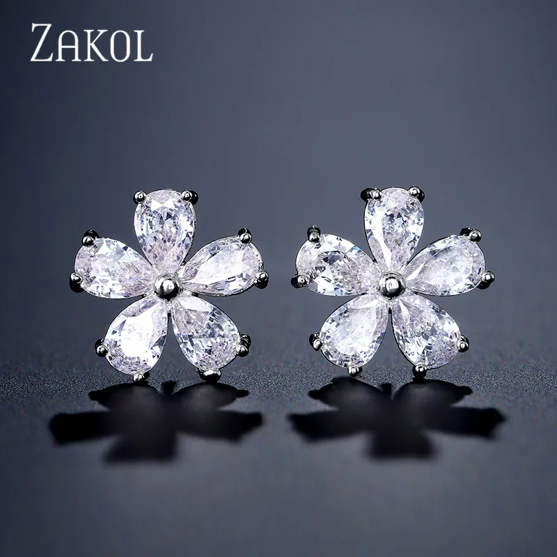 White Color ZAKOL корейский дизайн прозрачный AAA циркония цветок серьги гвоздики для женщин Свадебные украшения FSEP180 - Окраска металла: White Color