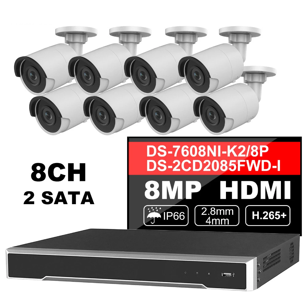 Hik 8CH HD сети POE NVR комплект видеонаблюдения Системы 8 шт. 8MP Пуля Открытый IP Камера ИК Ночное видение наблюдения