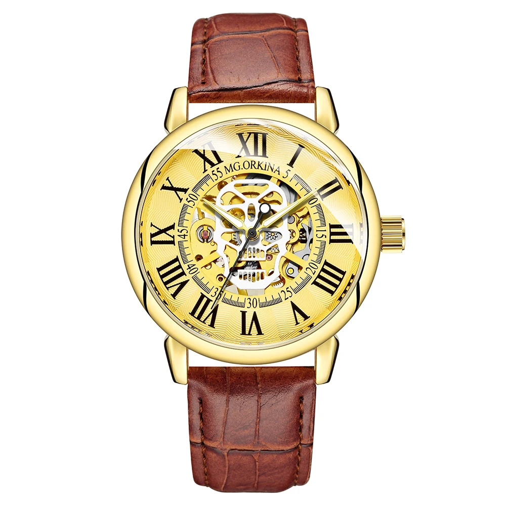 Fashion Men's Automatic Mechanical Watches Luminous Golden Skeleton Open Work Mens Wristwatch Top Brand Luxury Clock | Наручные часы