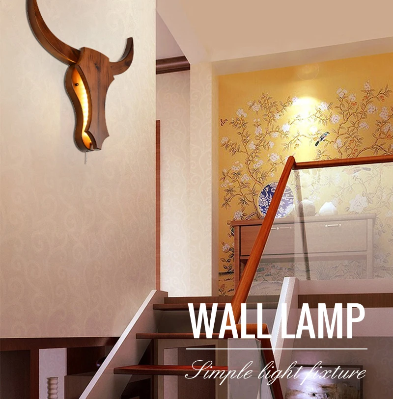 Wandlamp сплошная деревянная прикроватная настенная лампа с головой коровы для спальни простой светодиодный настенный светильник