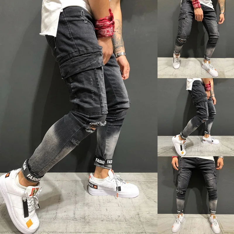 

2019 New Pockets Jeans Men Fashion Ripped Hombre Slim Pencil Denim Pants Hip Hop Zipper Pantalones Hole Distressed Jeans Male