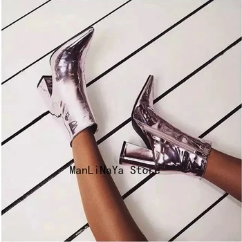 

Pointed Toe Square Heel Purple Ankle Boots British Style Leather Side Zipper Boots Patent Leather Sexy Ladies Party Shoes Women