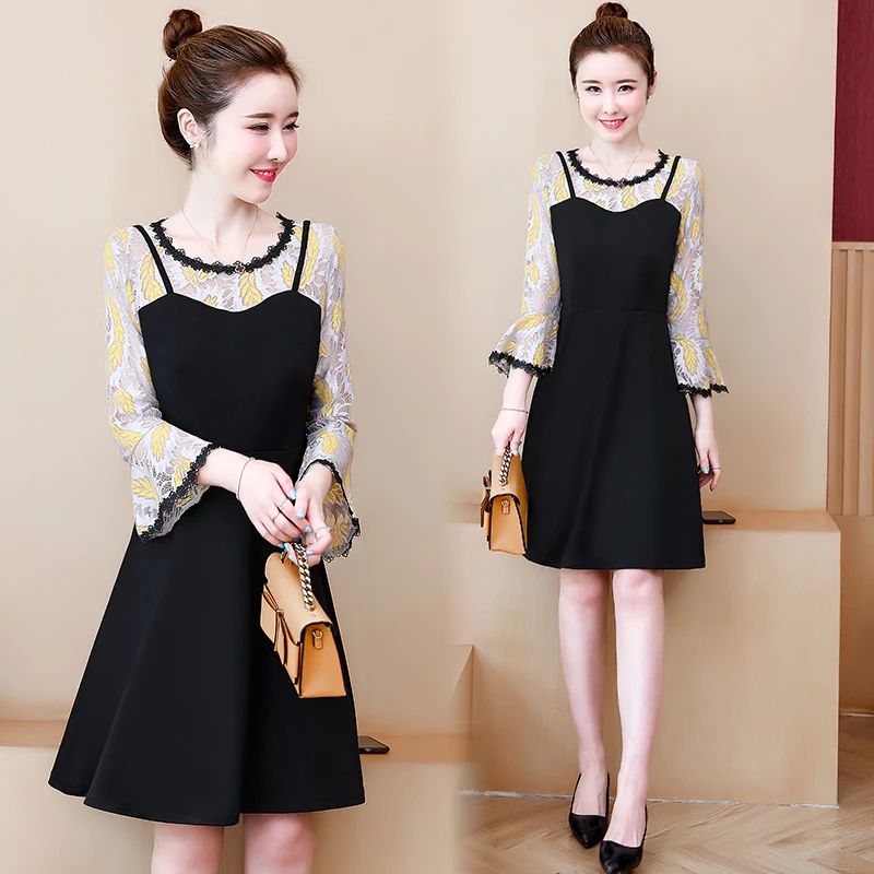 

Lace patchwork dress office lady elegant back dress A-line over size plus size wrist sleeve Lace collar Fake two-piece dress