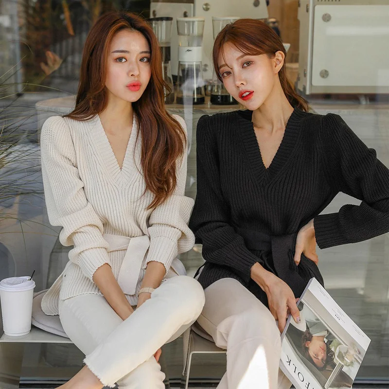 

Sweaters Women Winter 2019 Autumn Long Sleeve Knitted Jumpers Femme Korean Style V Neck Lace Up Women's Sweaters Women Pullover