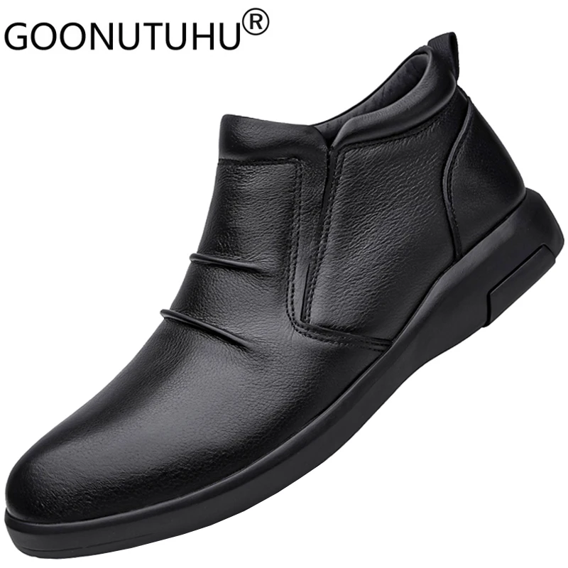 

Autumn winter men's boots casual genuine leather high top shoes male classic black boot man waterproof plush ankle boots for men