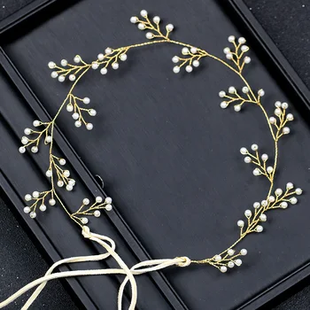 

New Handmade Wedding Hair Vine Bridal Accessories Pearl Beads Leaves Headband Long Chain Headpiece