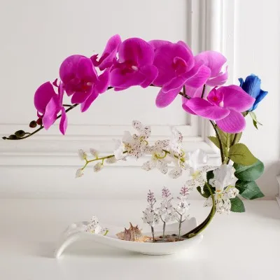Butterfly Orchid Artificial Flowers Set Fake Flower Ceramic Vase Ornament Phalaenopsis Figurine Home Furnishing Decoration Craft - Цвет: 2