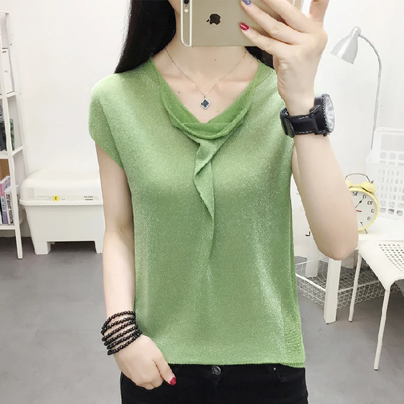 Lurex Women's knitted T-shirt Tops Ruffled V-neck Tshirt Loose casual soft knitting Tee shirt Female 2020 summer Dames T | Женская
