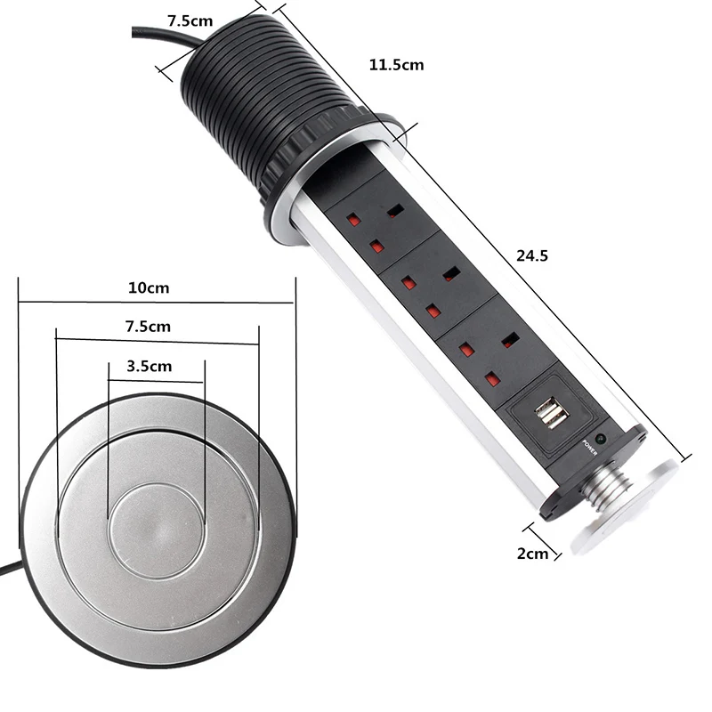 Выдвижная электрическая настольная розетка DC112 3 гнезда 2 USB-порта для кухни офиса