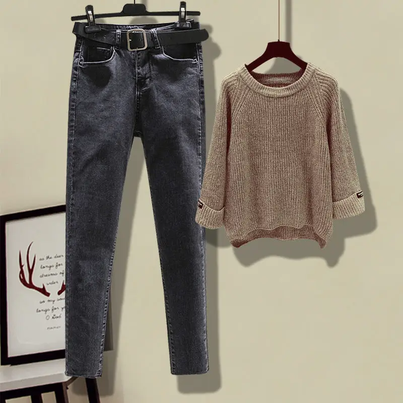 

Two-piece Plus Size Women's Autumn Sweater Set, Western Style Covering Belly and Thin Jeans Two-piece Women's Tracksuit Set