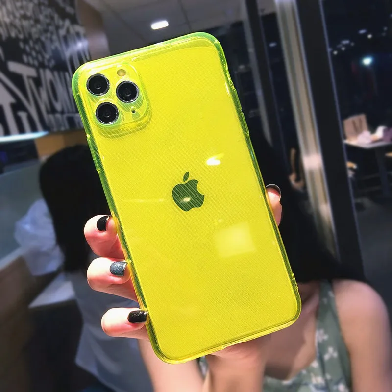 Luxury Neon Fluorescent Green Phone Case For Iphone 11 Pro Max Xr X Xs 7 8 Plus Se 2 Thin Soft Silicone Cover Clear Coque Fitted Cases